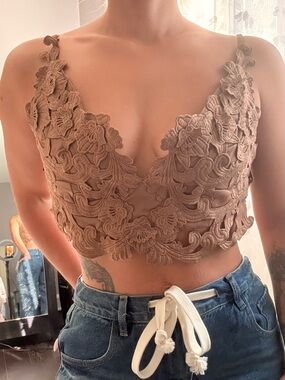 Embroidered Floral Lace Cropped Bralette - Taupe